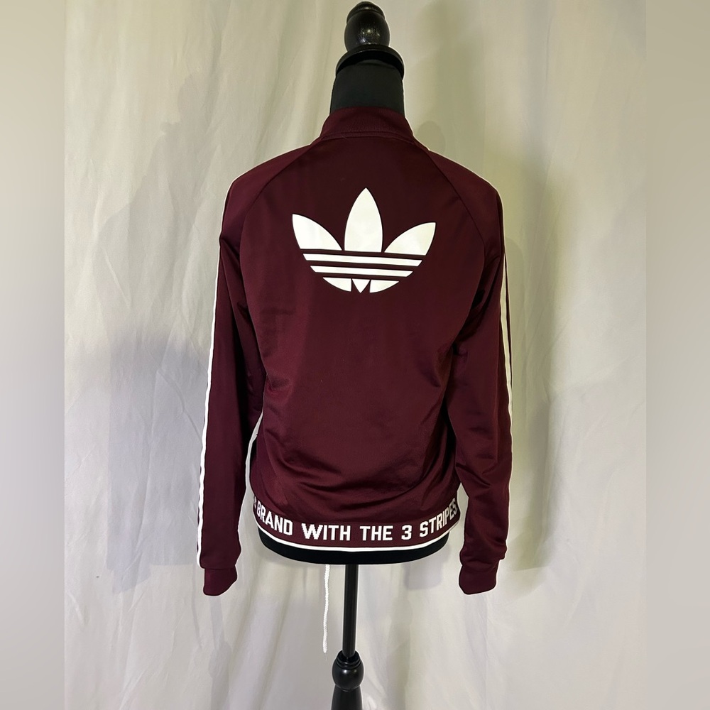 Adidas women’s Burgundy Track Jacket zip up three stripes - Picture 2 of 10